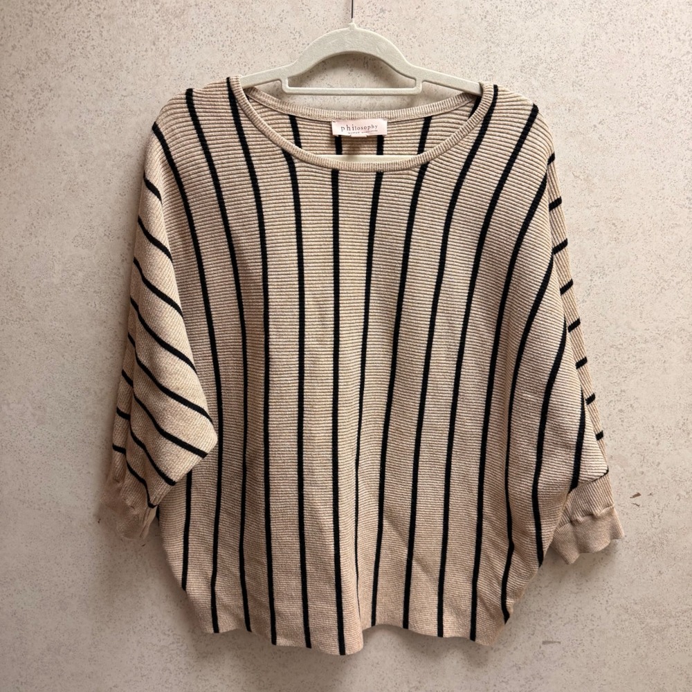Philosophy 2X  Woman Beige Black Striped Ribbed Batwing Utility Preppy Sweater‎